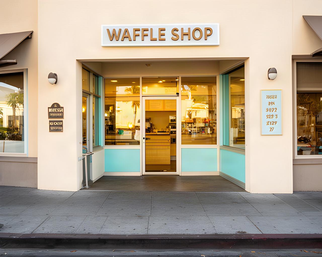 Street-level entrance to the waffle shop on Thorson Avenue in Lynwood, California
