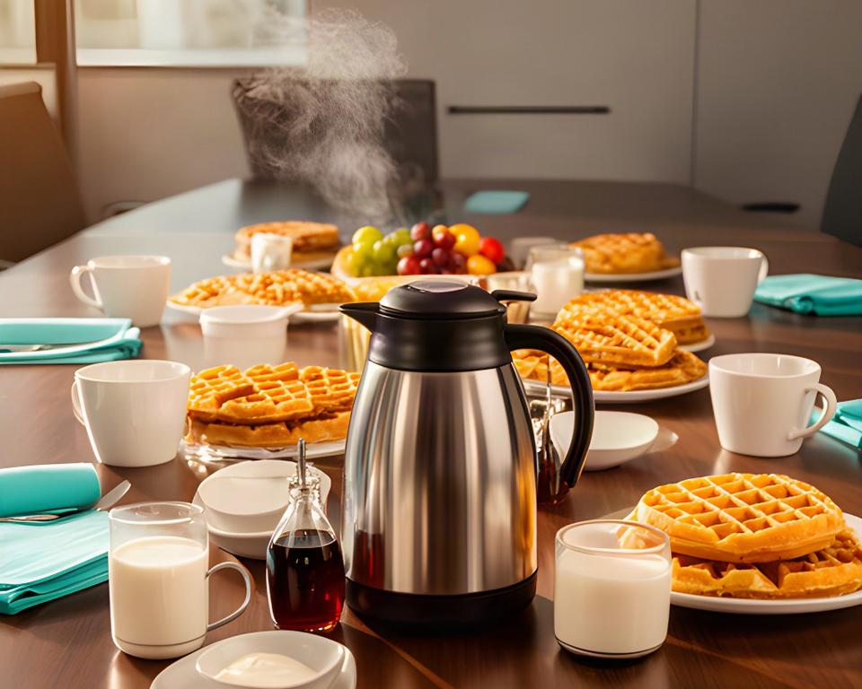 Hot coffee service and waffle breakfast set out for a corporate meeting