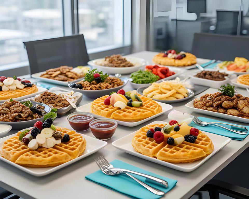 Sweet and savory waffle platters arranged for a workplace breakfast in Lynwood