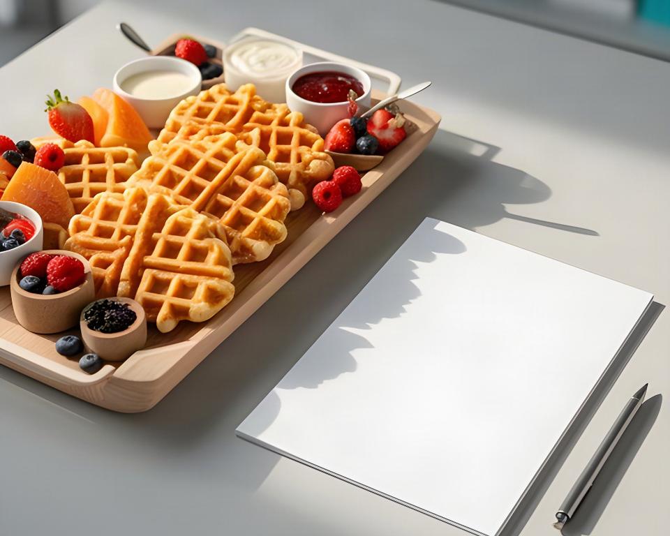Waffle catering platter ready for an office breakfast beside a notepad with event details