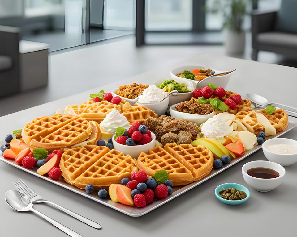 Waffle platter with fruit and toppings prepared for a large team breakfast