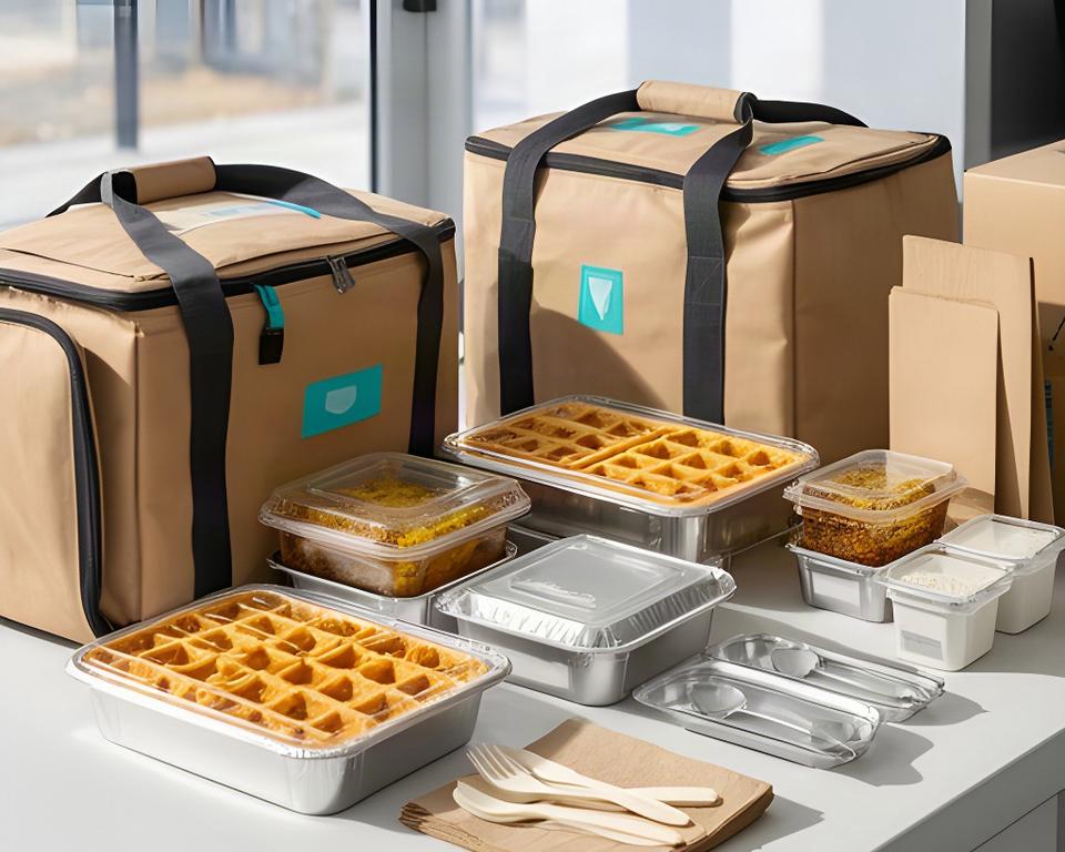 Catering bags and waffle trays organized for a scheduled workplace delivery