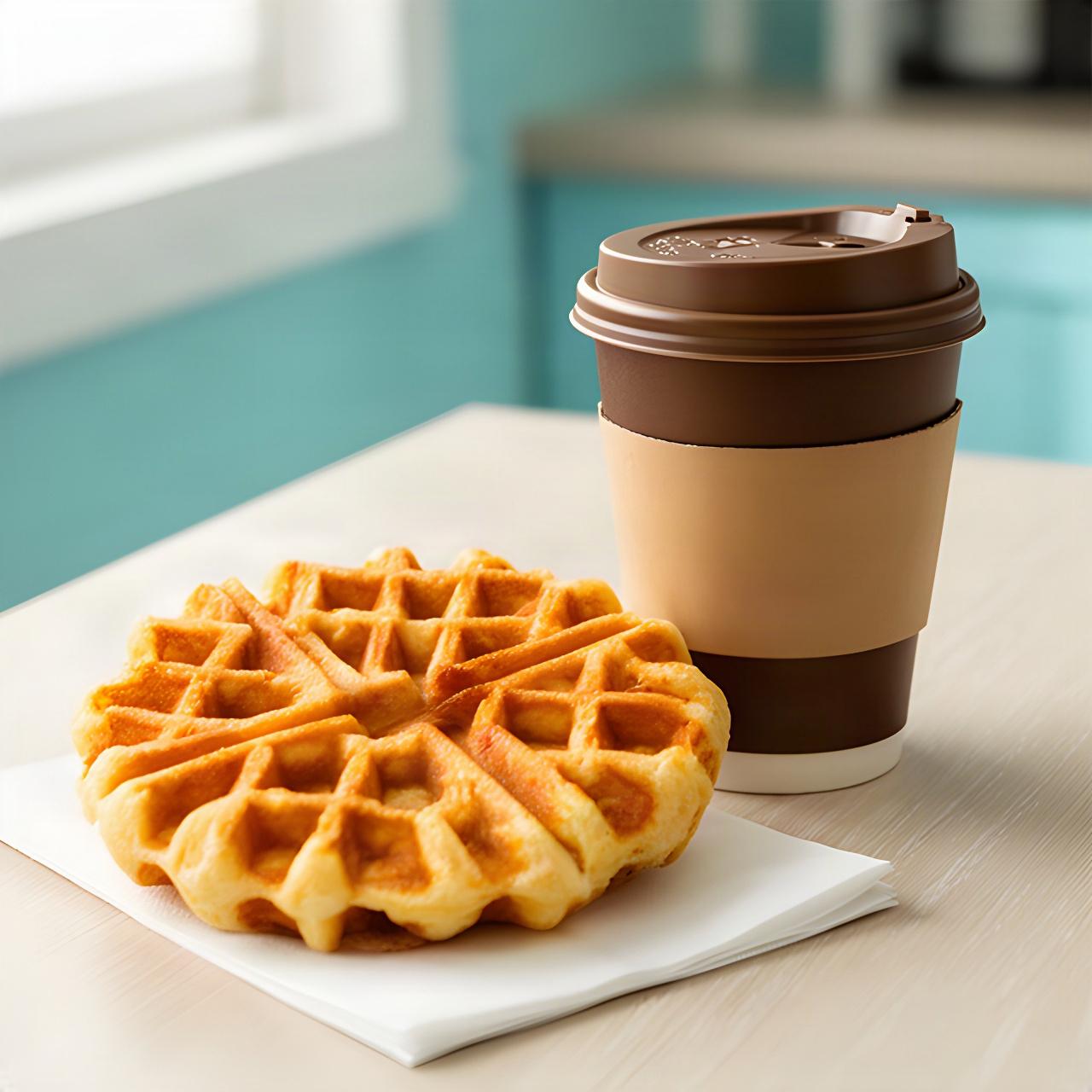 Fresh waffle with a hot coffee in a takeaway cup on a bright breakfast counter