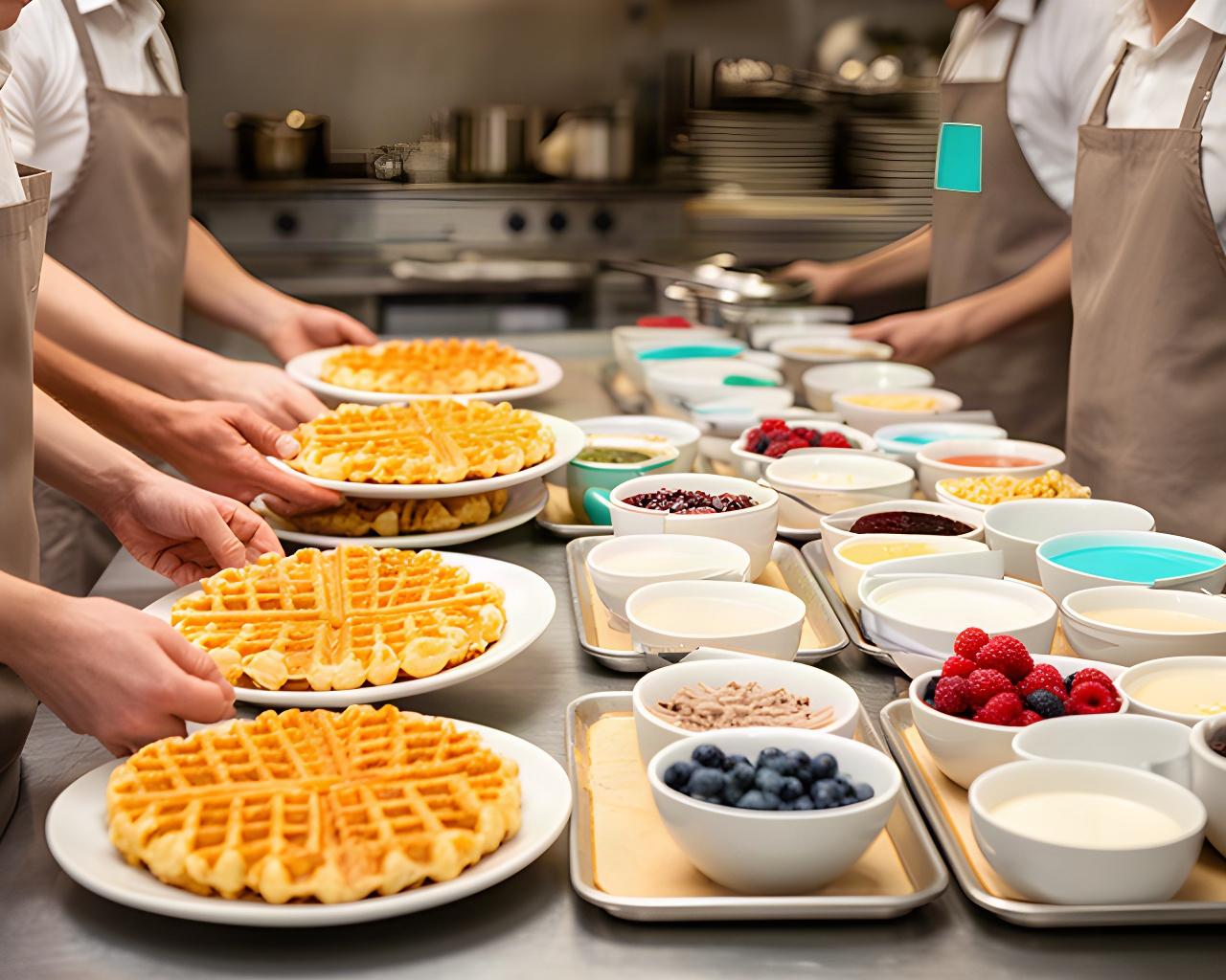 A kitchen team arranging waffle platters and labeled toppings for a family celebration order
