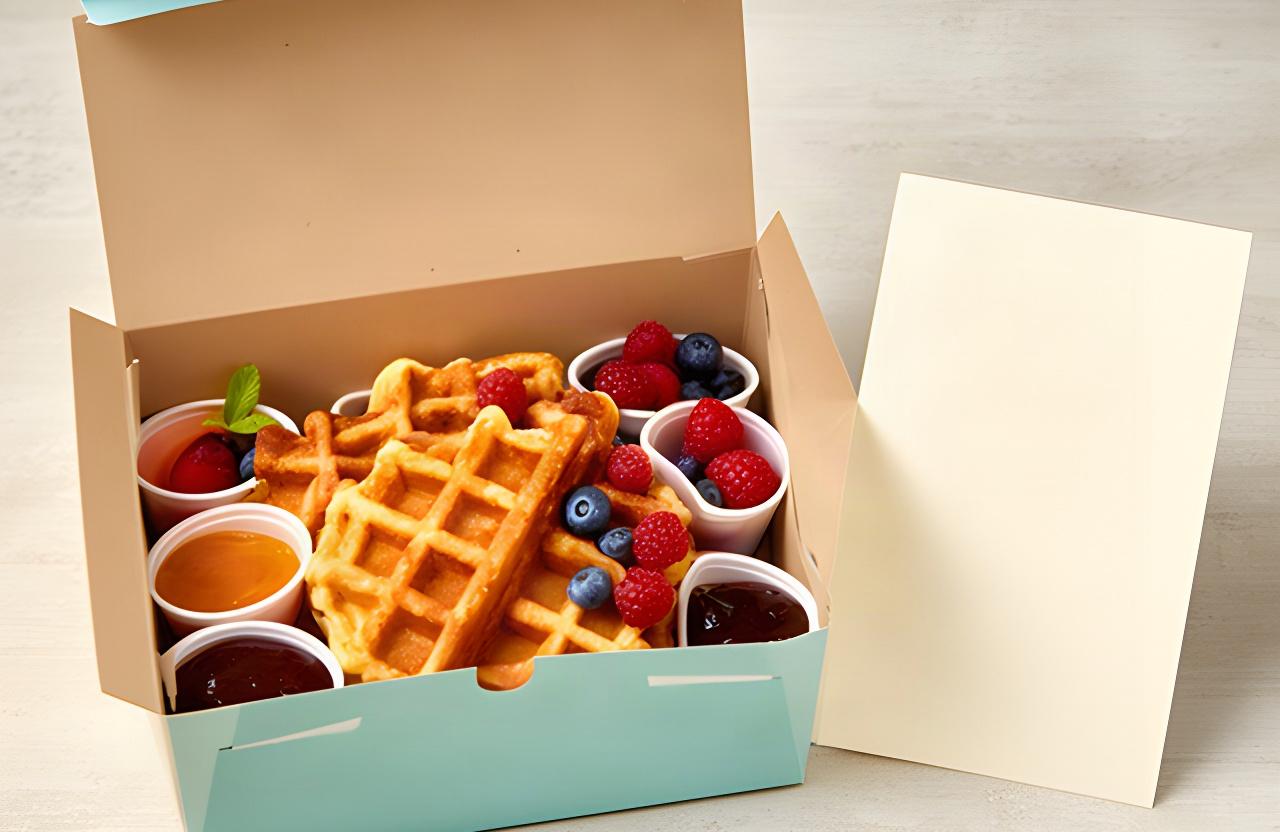 Waffle gift box packed with toppings in separate cups beside a handwritten message card
