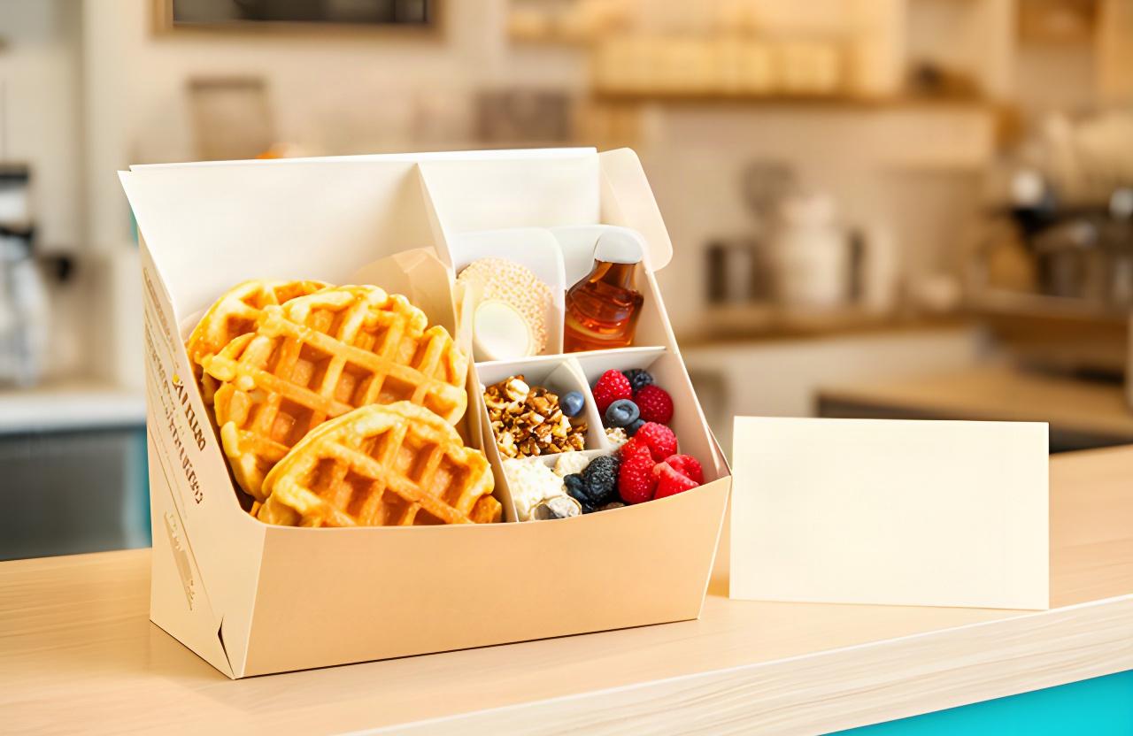 Finished waffle gift box with a message card ready for customer pickup at a neighborhood counter