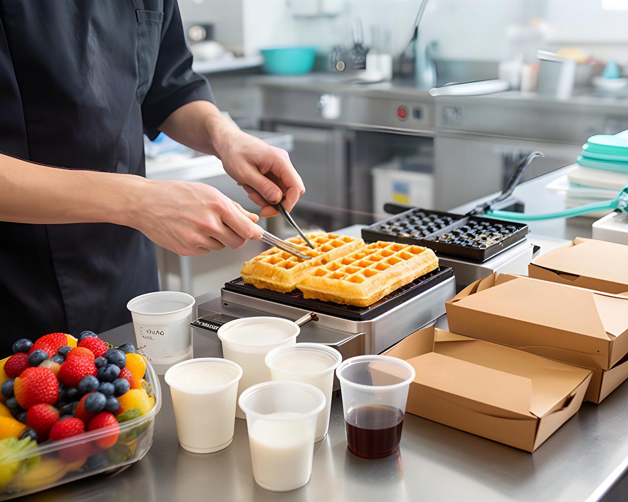 Cook preparing waffles at a clean neighborhood kitchen counter with fruit, syrup cups, and takeaway boxes nearby