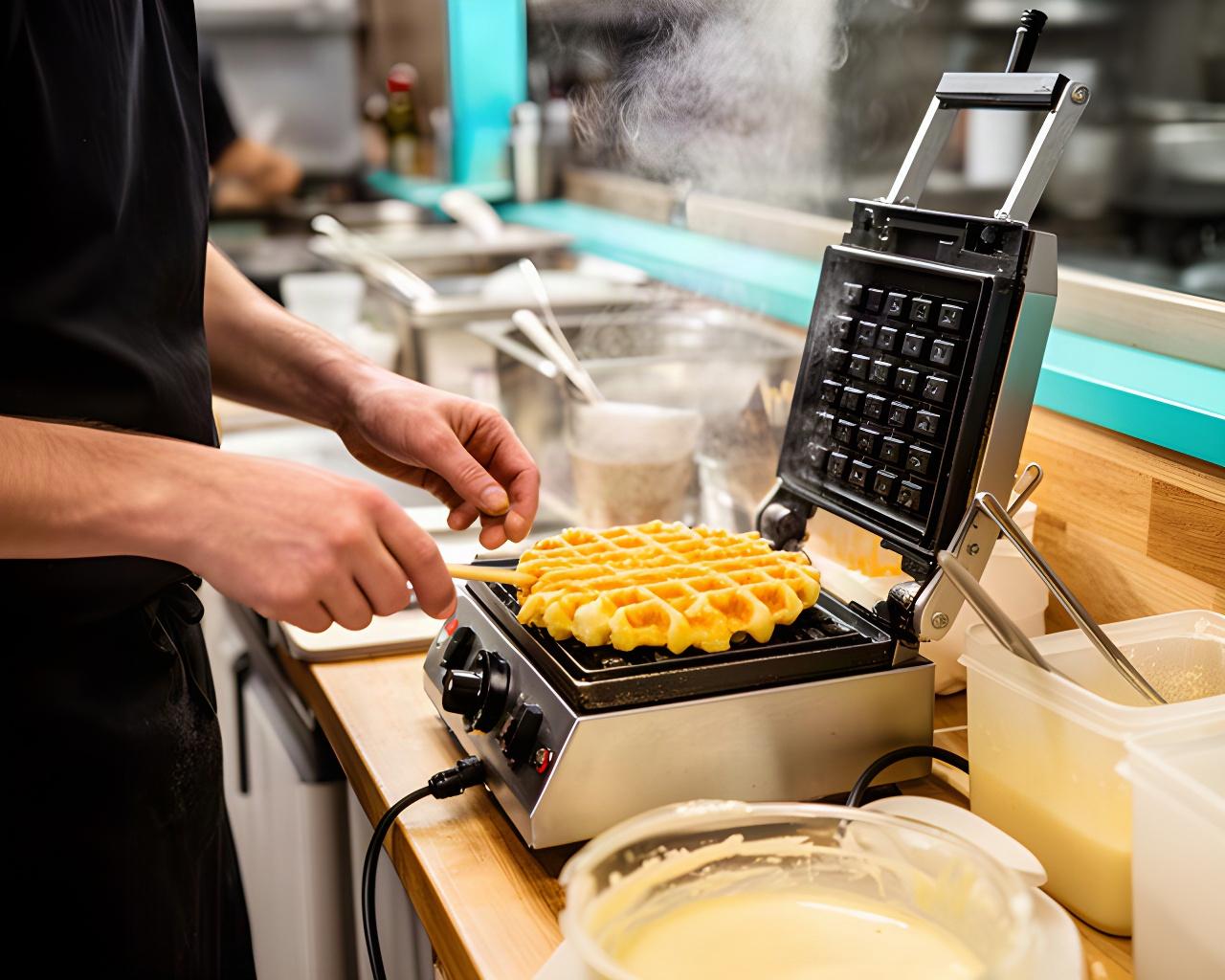 Cook preparing a freshly pressed waffle at a working restaurant counter in the kitchen