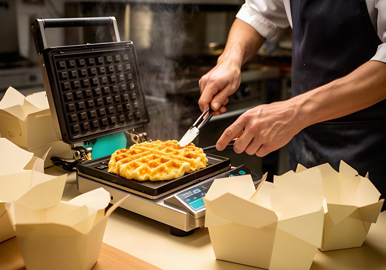 Cook checking a fresh waffle on the iron beside prepared takeaway boxes in the kitchen
