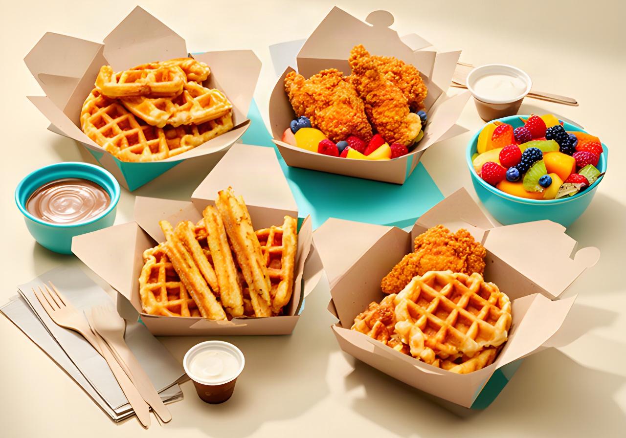 Sweet waffles, chicken and waffles, fruit bowls, and waffle sticks arranged for takeout