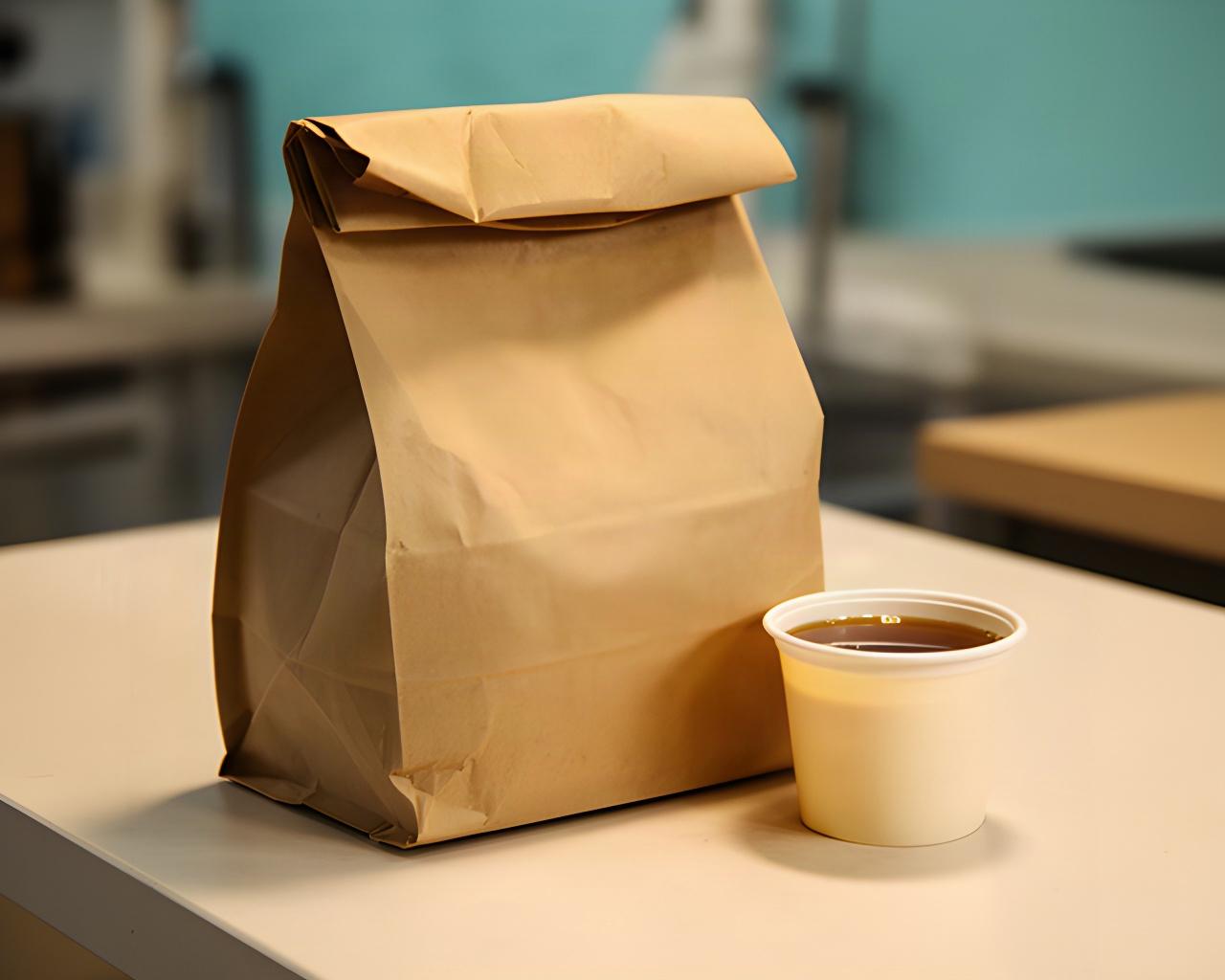 Sealed takeaway bag with a waffle order on a Lynwood counter beside a small container of syrup
