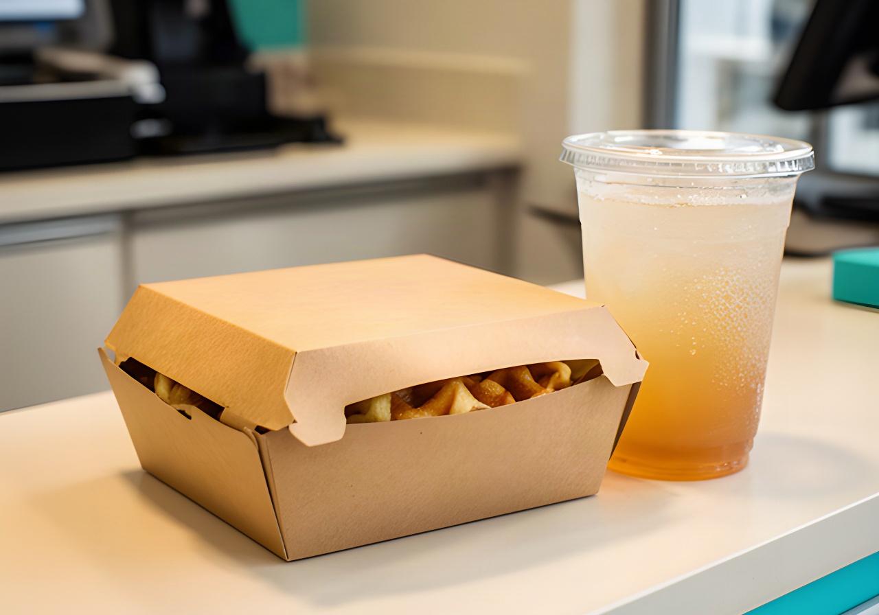 Sealed waffle takeout box and drink waiting on the pickup counter for a customer